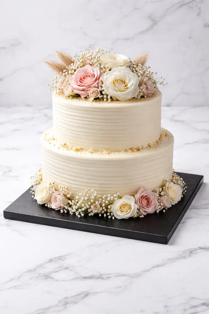 Elegant floral adorned buttercream cake.webp