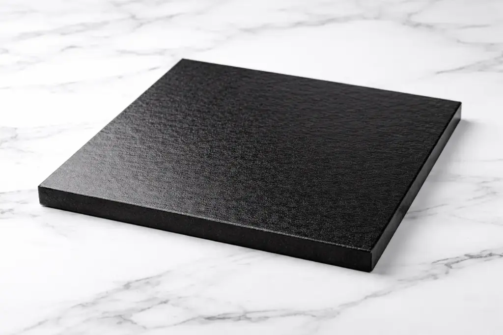 Elegant black cake drum on marble.webp