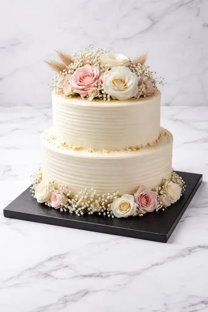Elegant floral adorned buttercream cake.webp