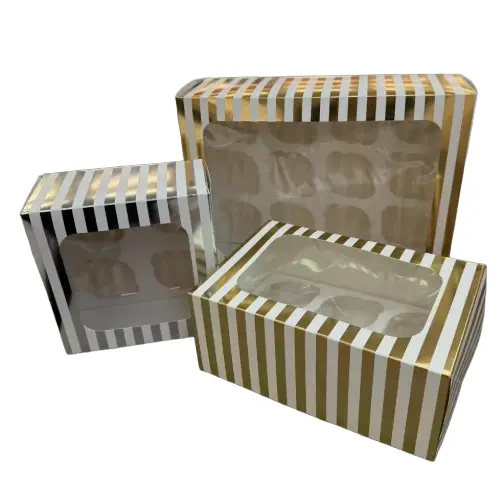 Bakery Box Windowed Gold Strips 7x7x4 with Insert for 4 Cupcakes Units 100