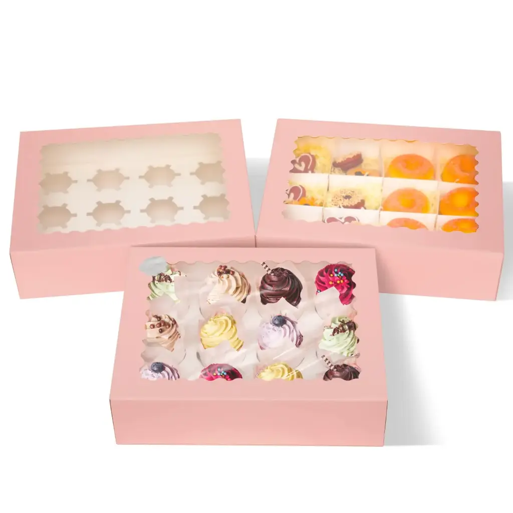 Bakery Box Windowed Pink 13"x10"x3" with Insert for 12 Cupcakes Units 100u