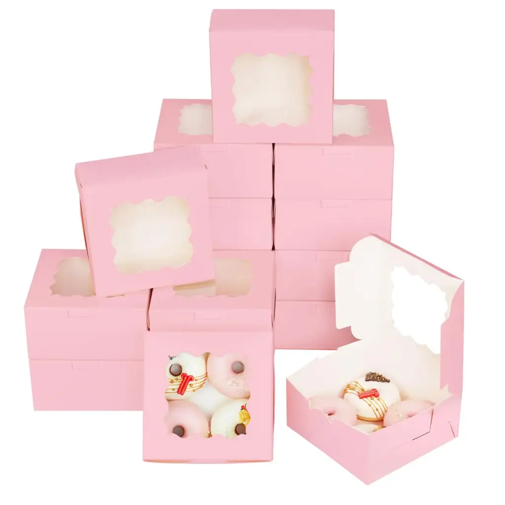 Bakery Box Windowed Pink 7"x7"x3" with Insert for 4 Cupcakes Units 100u