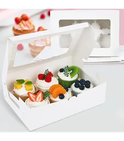 Bakery Box Windowed White 9.5"x6.5"x3" with Insert for 6 Cupcakes 100u